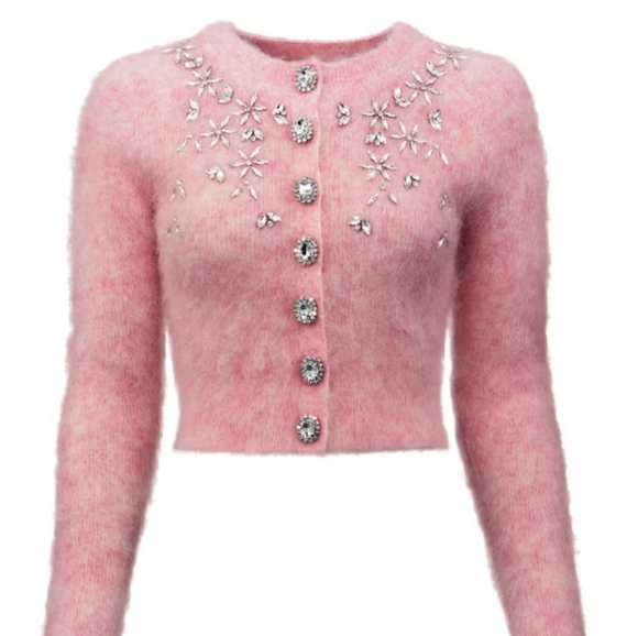 Embellished-Mohair-Blend-Cardigan-by-Rabanne Chic Pink Embellished Cardigan XS - Picture 2 of 12